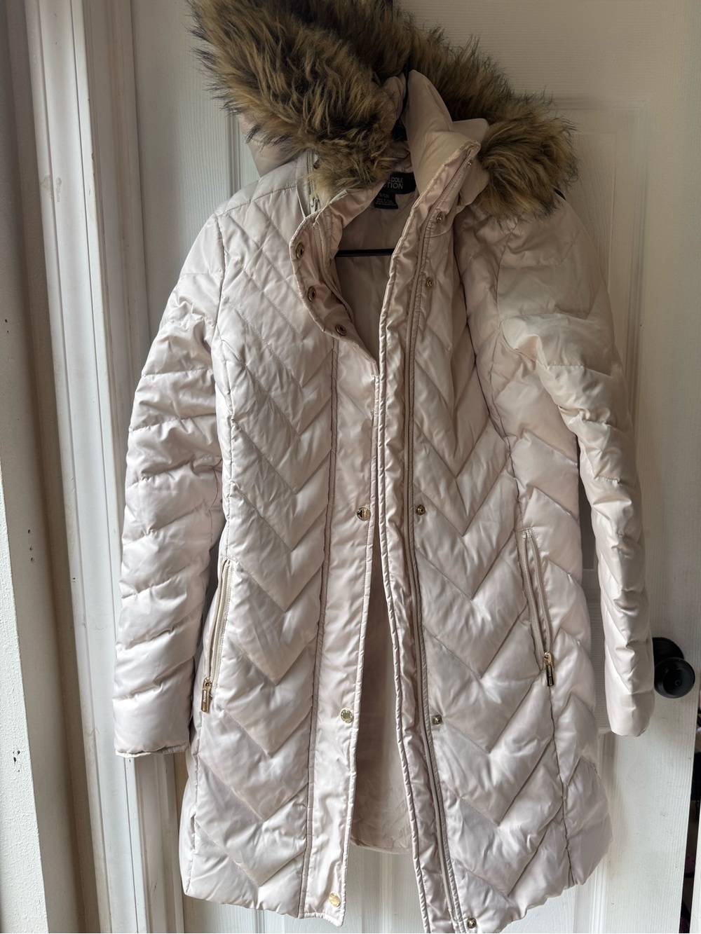 Kenneth Cole Reaction Pale cream Quilted Hooded Puffer with Faux Fur Trim